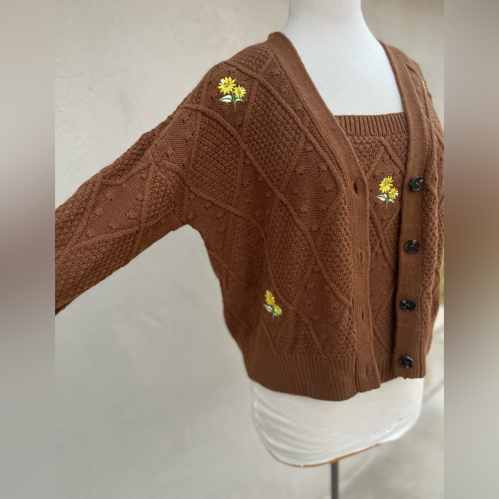 Ally Mae Brown matching Floral Embroidered Sunflower Button Cardigan and tank